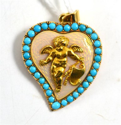 Lot 294 - A turquoise and enamel cherub brooch/pendant, a cherub over an iridescent peach enamel, within...