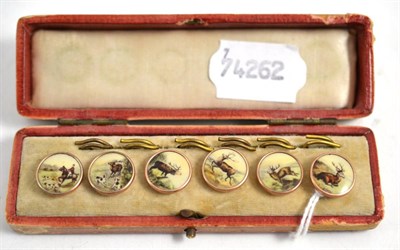 Lot 304 - A set of six buttons depicting hunting motifs, within rose coloured frames, cased