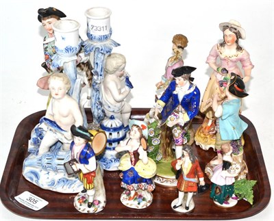 Lot 305 - A tray of 19th century china figurines including: a pair of Dresden blue and white...