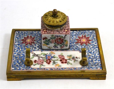 Lot 308 - A metal mounted Chinese porcelain inkstand, 19th century, with square ink pot on rectangular...