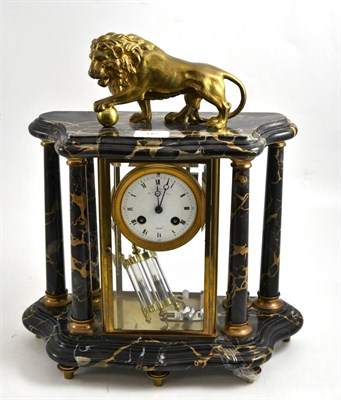 Lot 312 - A four glass and marble striking mantel clock 20th century, six column case surmounted by a...