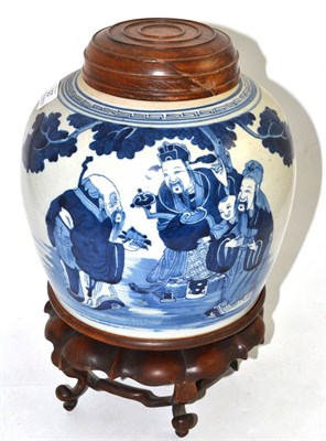 Lot 327 - A Chinese porcelain ginger jar, in Kangxi style, painted in underglaze blue with figures in...