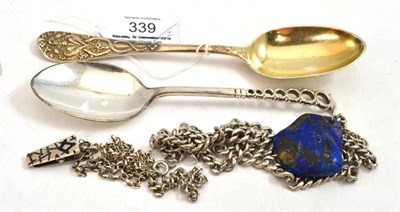 Lot 339 - Silver necklace with pendant of unworked Lapiz Lazuli, Masonic 'silver 925' napkin clip with chain