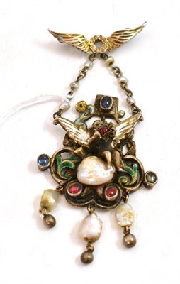 Lot 345 - An Austro-Hungarian brooch/pendant set with gemstones and pearls, depicting a cherub with white...