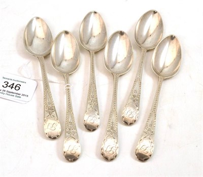 Lot 346 - Set of six silver teaspoons with bright cut decoration, Newcastle 1792, John Langland