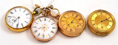 Lot 348 - Four fob watches, cases stamped 1'4K', 18C 'and 9C', with a gold t-bar