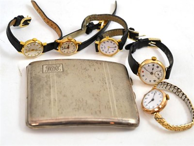 Lot 351 - Two lady's 9ct gold wristwatches, three other watches and a silver cigarette case