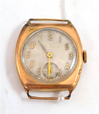 Lot 357 - A 9ct gold wristwatch, signed Rolex, 1935, lever movement signed, silvered dial with applied Arabic