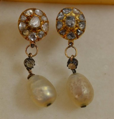 Lot 359 - A pair of diamond and pearl drop earrings, a rose cut diamond cluster stud, with yellow claw...