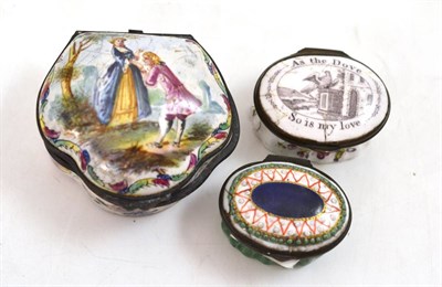 Lot 362 - An 18th century enamel oval patch box, titled ";As The Dove So Is My Love";, an George III...