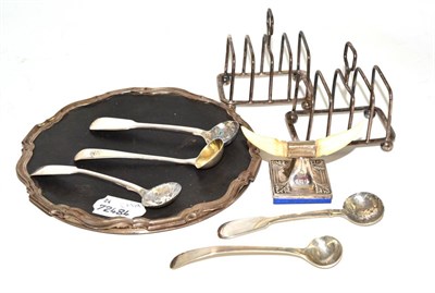 Lot 368 - Asprey of London silver waiter, two silver toast racks, five silver salt spoons and a silver...