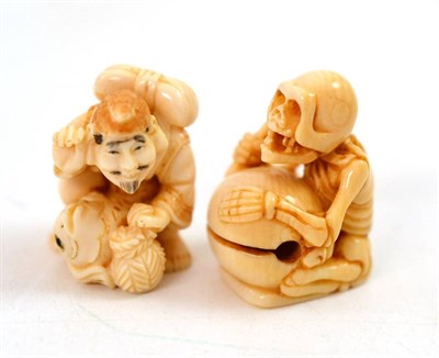 Lot 369 - Two good Japanese ivory netsukes, late 19th/early 20th century, one modelled as a fisherman...