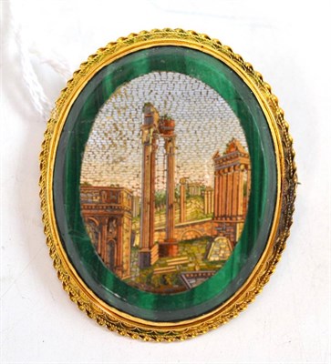 Lot 370 - A micro-mosaic brooch, depicting the Roman Forum within a malachite border, in a frame with...