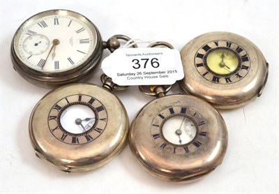 Lot 376 - Three silver half hunter pocket watches and a silver open faced pocket watch (4)