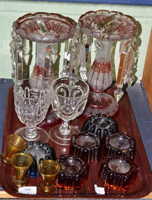 Lot 388 - Pair of ruby flash drop lustres, 27cm high; two glass rummers; and six glass furniture stands