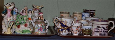 Lot 392 - Two trays of English ceramics including Staffordshire figures, Sunderland lustre mugs, loving cups