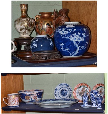 Lot 393 - A shelf of 18th century Chinese export ceramics (a.f.), two Chinese blue and white vases...