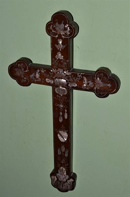 Lot 398 - A 19th century Chinese rosewood crucifix inlaid with mother-of-pearl, 45cm by 25cm