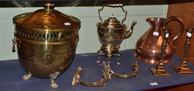 Lot 404 - A pair of bell metal candlesticks, one gallon copper measure, brass kettle, pair of brass tie backs