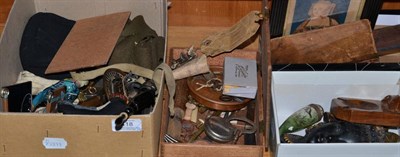 Lot 418 - Four boxes of collectables including Robert "Mouseman" Thompson oak ashtray, tin plate toy...