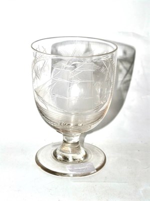 Lot 420 - A good Victorian glass rummer engraved with Masonic symbols and devices and with a ship in...