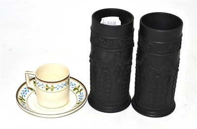 Lot 427 - Pair of Wedgwood black basalt ware spill vases and a Wedgwood creamware coffee can and saucer,...