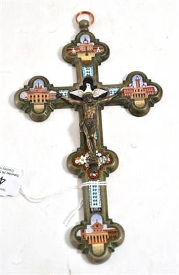 Lot 445 - Italian micro mosaic mounted white metal crucifix, depicting the four major Basilicas in Rome,...