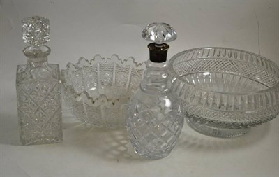 Lot 495 - Crystal decanter with silver collar, crystal whisky decanter and two crystal fruit bowls