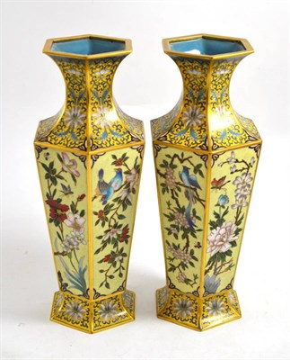 Lot 498 - A pair of Chinese hexagonal cloisonne vases of baluster form, the tapering necks decorated with...