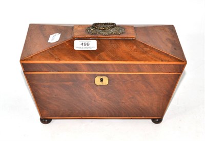 Lot 499 - A George III mahogany sarcophagus tea caddy, strung with satinwood