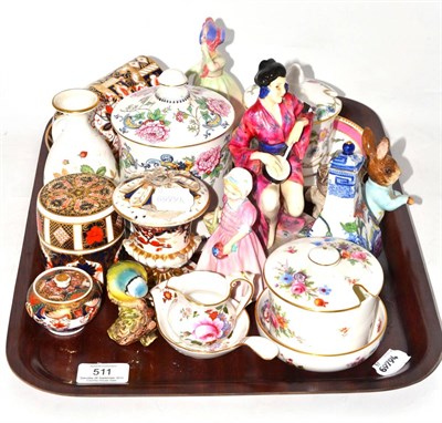 Lot 511 - * A tray including three Royal Doulton china figures, Royal Crown Derby, Imari decorated china,...