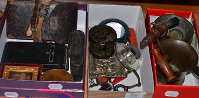 Lot 518 - * Three boxes including two brass mortars, three cameras, two cased daguerreotypes, three Victorian