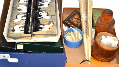 Lot 542 - * Two boxes including playing cards, beadwork purse, late Victorian ivory fan, treen...