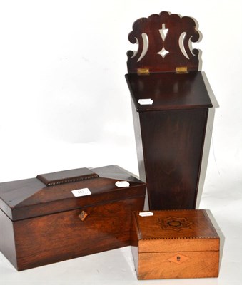 Lot 552 - A 19th century mahogany candle box, a 19th century rosewood tea caddy and a walnut and...