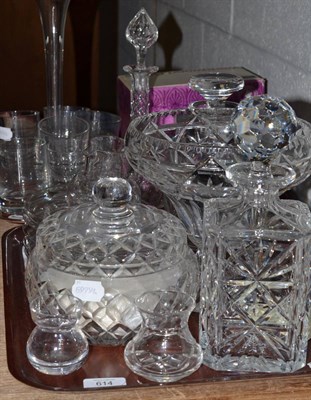 Lot 614 - * Two trays including crystal decanters, pedestal vase, bowl and cover, centre piece and...