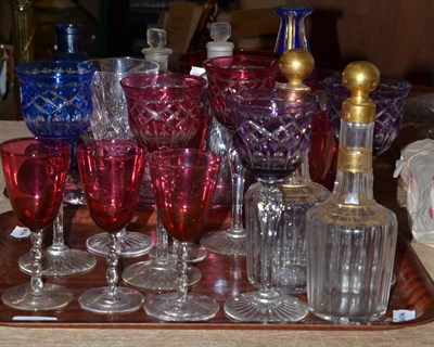 Lot 615 - * Two trays of assorted glassware including cranberry jug, wine glasses, hock glasses, Bohemian...