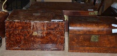 Lot 616 - A 19th century mahogany and brass bound writing box, a 19th century burr wood hinged writing...