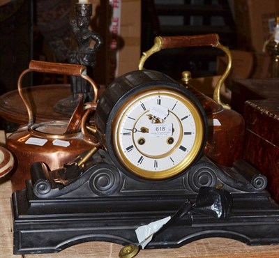 Lot 618 - Two copper kettles, later Victorian black slate striking mantel clock, metal candle stand in...