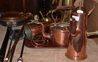 Lot 621 - Copper warming pan, copper horn, fire irons, two copper kettles, brass pestle and mortar, shell...