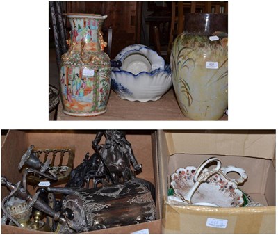 Lot 622 - Seven boxes including 19th century ceramics, metalwares, Victorian oil lamps, glassware,...