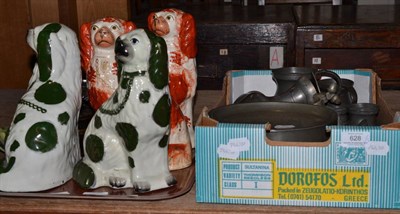 Lot 628 - Tray including two pairs of Staffordshire spaniel dogs, hardwood stand, 19th century lacquered...