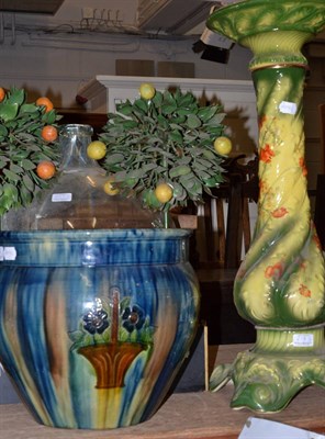 Lot 629 - * A Bretby glazed jardiniere, a Victorian ceramic, a glass carboy and floral decorated pedestal and