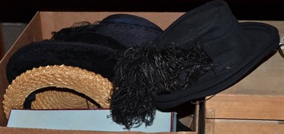 Lot 632 - Assorted early 20th century costume accessories including a black silk top hat (a.f.) in a...