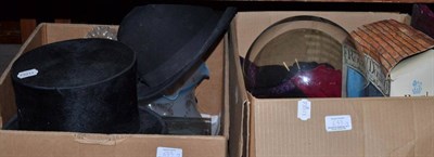 Lot 633 - Three boxes including two glass domes and stands, oil lamp shades, bowler and top hats, quantity of