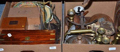 Lot 637 - * Two pairs of Victorian brass candlesticks, copper kettle, kitchen scales, coffee grinder,...