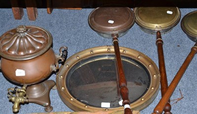 Lot 640 - A copper samovar, copper warming pan, two brass warming pans and a Regency style convex wall mirror