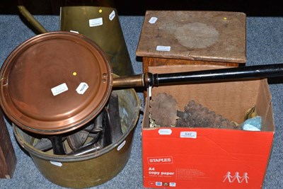 Lot 642 - * A brass jug, brass preserve pan, copper warming pan, flat irons, cobblers last etc