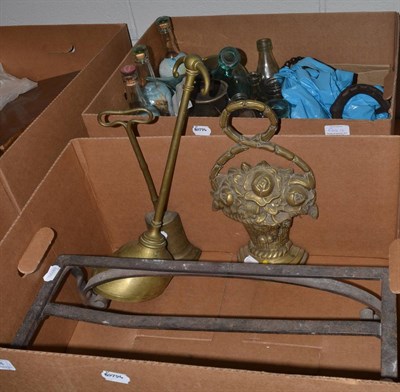 Lot 644 - * Three brass doorstops, three glass ships in bottles, jelly moulds, oil lamp, glass bottles, metal