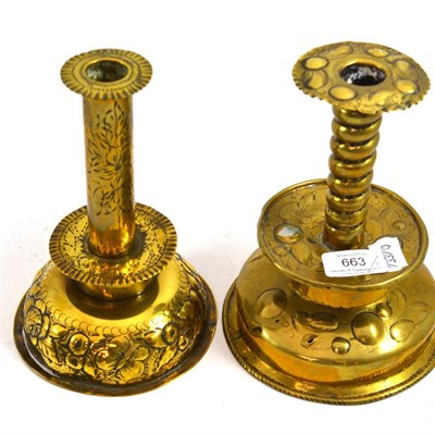 Lot 663 - A 17th/18th century brass candlestick and a 19th century candlestick