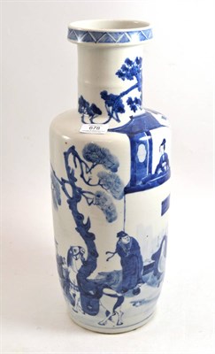 Lot 678 - A Chinese porcelain rouleau vase in Kangxi style, painted underglaze blue with figures before a...